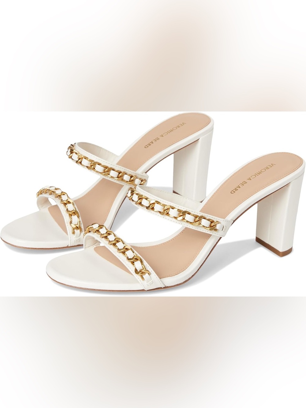 Veronica Beard Cream Chain-Trim Block Heel Sandals
